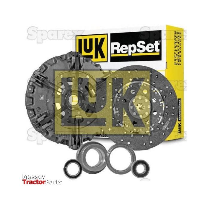 Image of the Sparex Clutch Kit with Bearings - S.147233, which includes a clutch disc, pressure plate, release bearing, and pilot bearing, placed in front of the product's packaging on a white background. This particular set is compatible with the Fendt FARMER series and features an optimal cover size for enhanced performance.