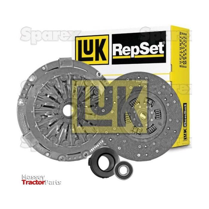 The Clutch Kit with Bearings - S.147234 by Sparex, featuring a cover size of 330mm, is displayed in front of its packaging and includes a pressure plate, clutch disc, and two release bearings.