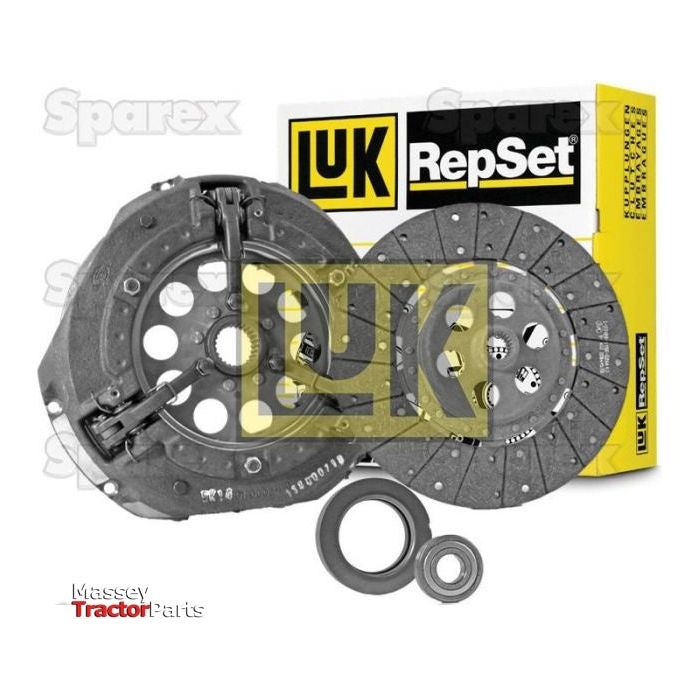 A Sparex Clutch Kit with Bearings - S.147250, featuring durable cerametallic friction discs, pressure plates, and bearings against a white background, with packaging in the background.