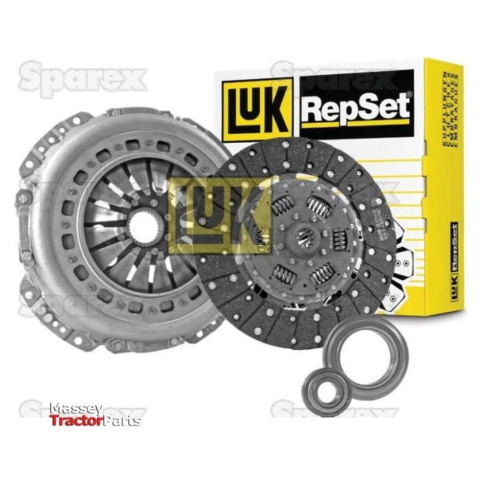 Image of a Sparex Clutch Kit with Bearings - S.147255, showcasing a pressure plate, an organic loose disc with a cover size of 330mm, and release bearings, all displayed in front of the Sparex branded packaging.