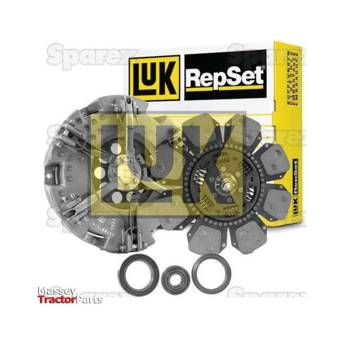 The Sparex Clutch Kit with Bearings - S.147299, featuring a torsion sprung clutch disc, pressure plate, and three release bearings, is displayed in front of the product box.