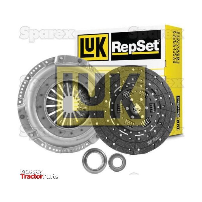 Image of the Sparex Clutch Kit with Bearings - S.147349, featuring a pressure plate, clutch disc, and release bearings. A yellow and white branded box is visible in the background with "Massey Tractor Parts" text in the lower left corner. The single cover segment cushion ensures durability and efficiency.