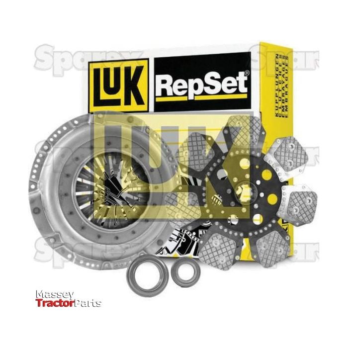A Clutch Kit with Bearings - S.147357 featuring metal components, a Cerametallic Loose Disc, and bearings is displayed in front of a yellow and black box labeled "LUK" and "RepSet." The background subtly shows "Sparex" and "Massey Tractor Parts" logos.