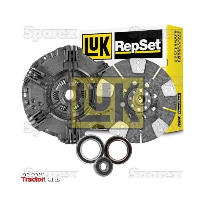 Image of a Sparex Clutch Kit with Bearings - S.156511 for Massey Ferguson tractors, showcasing the clutch disc, pressure plate, and release bearings. The packaging is visible in the background, with cover size and technical specifications clearly marked.