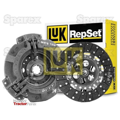 Image of the Sparex Clutch Kit without Bearings - S.146554, featuring an organic material clutch disc and a cast iron housing for exceptional durability, with branded packaging in the background. Text overlays read "Sparex" and "Massey Tractor Parts.