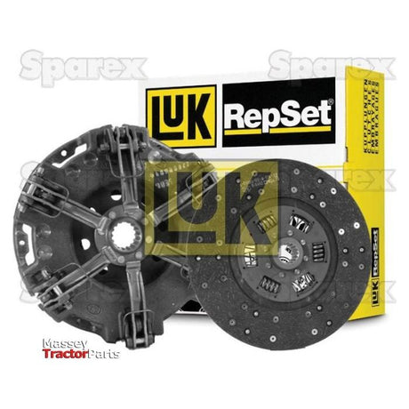 Image of a Sparex Clutch Kit without Bearings - S.146560 featuring a pressure plate and clutch disc made from organic material, with a branded box in the background. The words "Massey Tractor Parts" are visible in the bottom left corner.