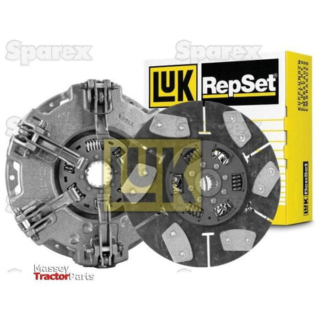 Sparex clutch kit without bearings (S.146565) featuring dual cover components with disc and pressure plate, displayed alongside a yellow LUK RepSet box.