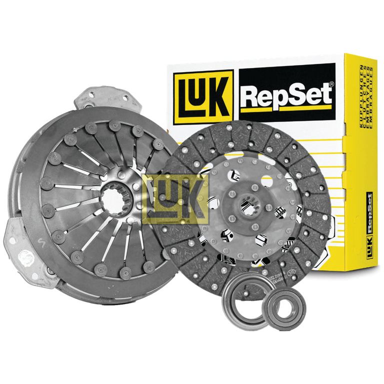 The Sparex Clutch Kit with Bearings - S.146600, including a clutch disc, pressure plate, and bearings, is displayed next to its yellow and black branded packaging that features a detailed single cover size chart.