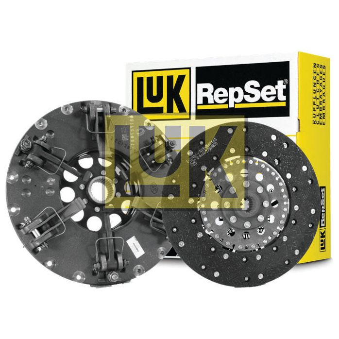 Image of a Sparex Clutch Kit without Bearings - S.146606 showcasing two metal clutch components, including an Organic Captive Disc, placed in front of the product’s distinctive yellow and white box.