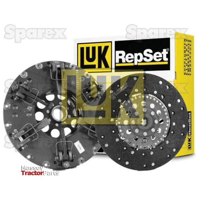 Two clutch discs and a packaging box labeled "Clutch Kit without Bearings - S.146606" are shown in the image. The background includes faint "Sparex" logos and "Massey Tractor Parts" text in the bottom left corner, with one disc featuring an organic captive disc design for enhanced durability.