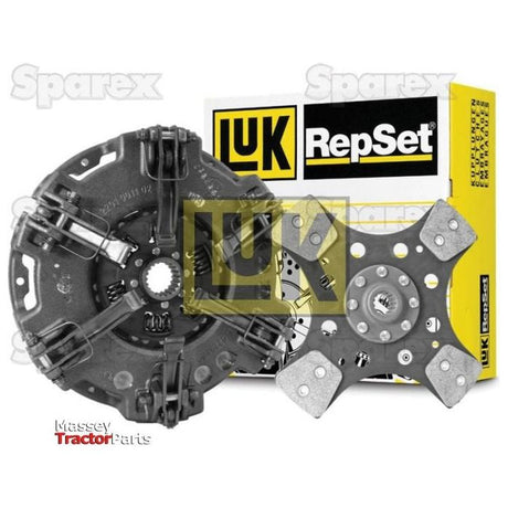 A Sparex Clutch Kit without Bearings - S.146621 displayed in front of its yellow and black packaging, showcasing the cerametallic clutch disc and pressure plate components.