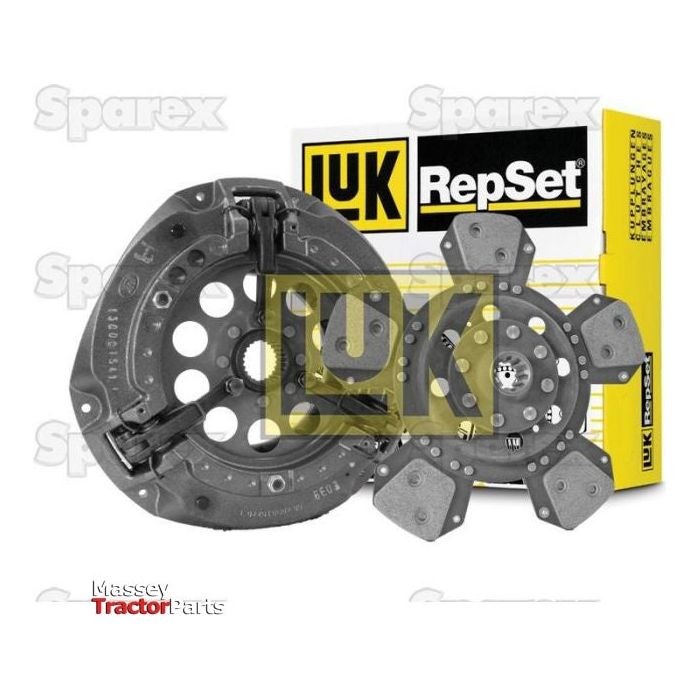 Sparex's Clutch Kit without Bearings - S.146788 components on display, featuring a cerametallic clutch disc and pressure plate, with the packaging box in the background.