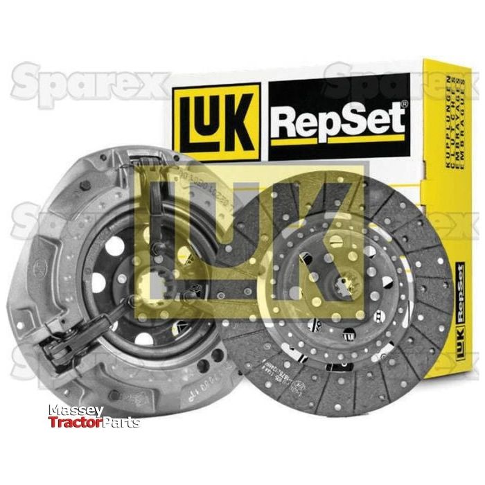 The Sparex Clutch Kit without Bearings (S.146791) featuring an organic material clutch disc and pressure plate, set against a backdrop showcasing branded boxes with visible logos of "Sparex" and "Massey Tractor Parts.