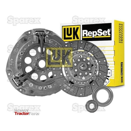 Sparex Clutch Kit without Bearings - S.146799, including a pressure plate and clutch disc. Packaging box in the background showcasing Sparex branding. Massey Tractor Parts logo is displayed in the bottom left corner.