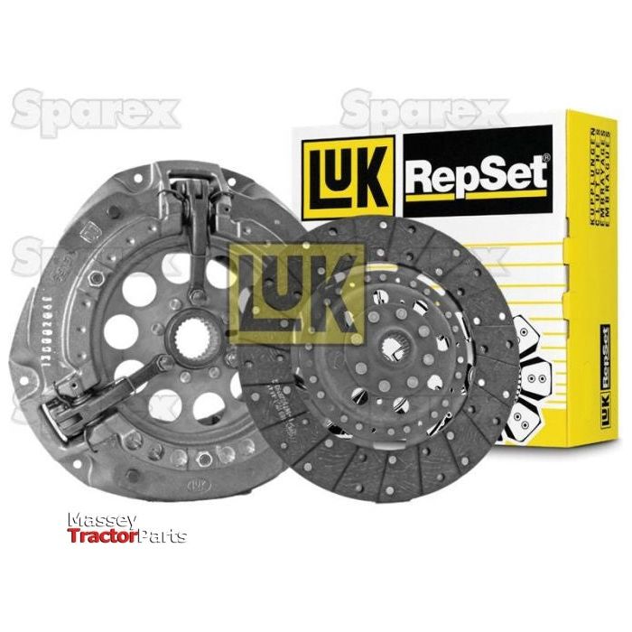 The Sparex Clutch Kit without Bearings (S.146816), featuring a pressure plate and a clutch disc with a 300mm cover, is showcased against packaging in the background. Logos for Sparex and Massey Tractor Parts are visible in the image.