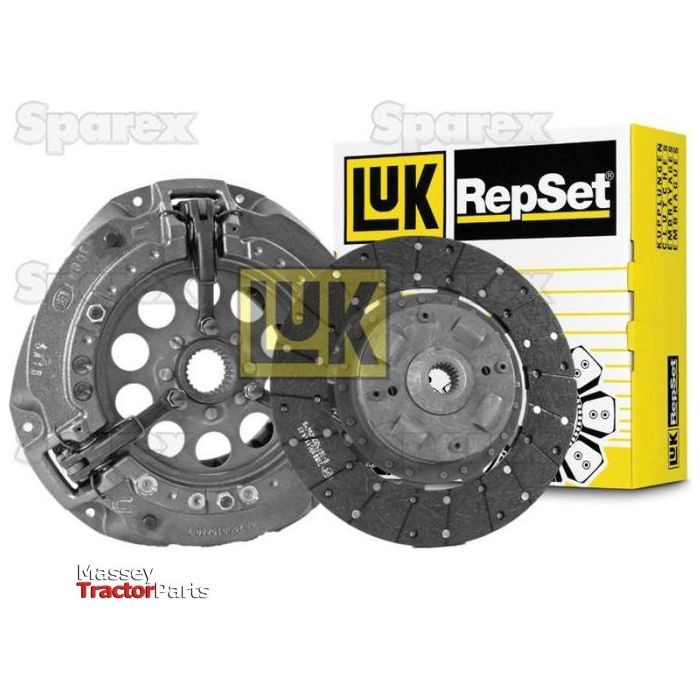An image displays a Sparex Clutch Kit without Bearings - S.146827, showcasing its pressure plate and clutch disc against yellow and white packaging. The Massey Tractor Parts logo is visible in the lower left corner, emphasizing its single cover design.