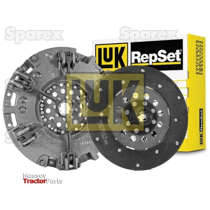 A clutch kit set, including a pressure plate and Organic Captive Disc, displayed in front of a branded yellow Luk RepSet box. The "Sparex Massey Tractor Parts" watermark is visible.