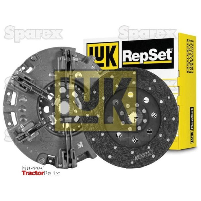 Sparex Clutch Kit without Bearings - S.146870, featuring a pressure plate and Cerametallic Captive Disc, displayed in front of yellow and black packaging with visible product branding and logos.