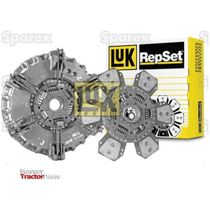 The Sparex Clutch Kit without Bearings (S.146915) includes essential components such as the pressure plate, disc, and related parts, showcased with packaging. This dual cover set features a cover size of 310/310mm.