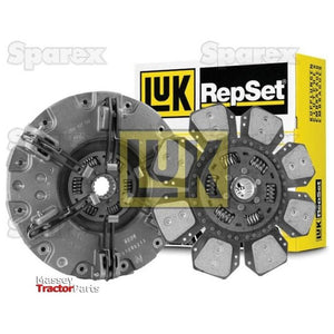 Image of a Sparex Clutch Kit without Bearings (S.146951), featuring a 310/310mm circular clutch plate and disc, positioned in front of the product's packaging box.