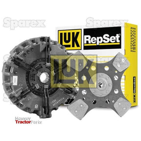 Image of a Sparex Clutch Kit without Bearings, including a cerametallic disc and a pressure plate, with the packaging box in the background. Logos of Sparex and Massey Tractor Parts are also visible. Perfect component for John Deere 3400 tractors.