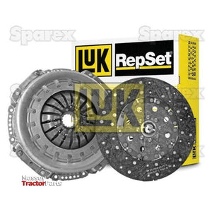 Image of a Sparex Clutch Kit without Bearings (S.146988) featuring the clutch disc and pressure plate displayed in front of the product packaging box. Brand name "Sparex" and "Massey Tractor Parts" text are visible, highlighting the single cover type and precise cover size for optimal performance.