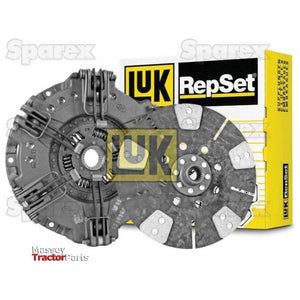 Image showing a Sparex Clutch Kit without Bearings - S.147003, featuring a Dual Cover and Cerametallic Captive Disc, all displayed in front of branded packaging.