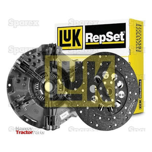 The Sparex S.147044 Clutch Kit without Bearings parts are displayed in front of the packaging, featuring a clutch disc, a 310/310mm pressure plate, and a dual cover.