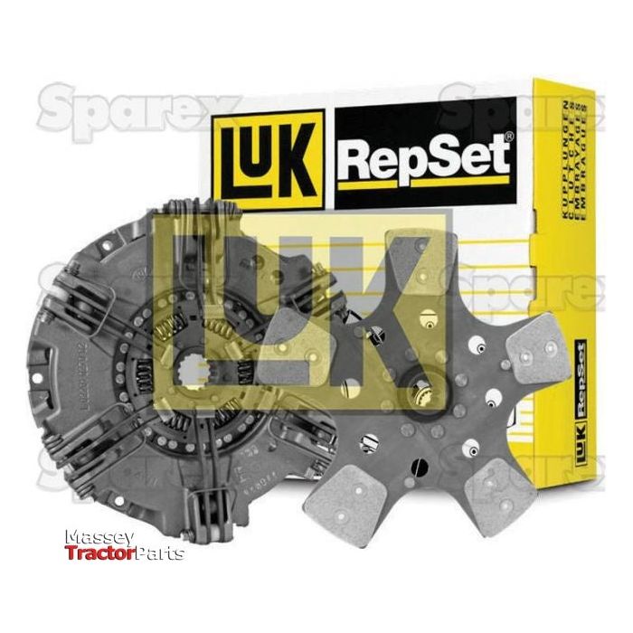 A Sparex Clutch Kit without Bearings - S.147081 arranged in front of a yellow and black Sparex box on a white background.