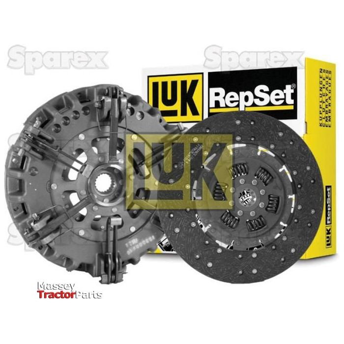 Image of a Sparex clutch kit (S.147087), featuring a pressure plate and clutch disc, with the branded yellow and black packaging in the background. The durable cast iron components ensure longevity and reliability.