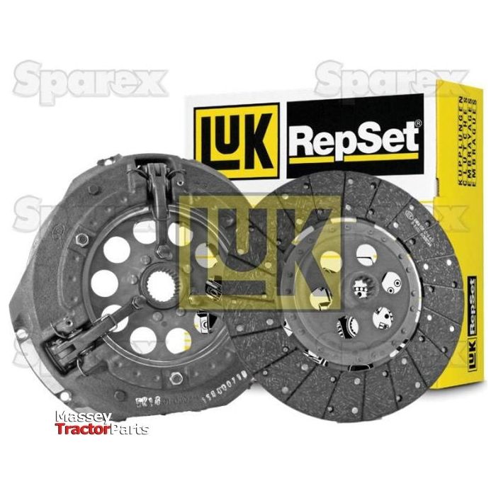 Image of a LUK RepSet clutch kit, including a clutch disc and pressure plate, next to its yellow packaging box. The Sparex and Massey Tractor Parts logos are visible, indicating that this high-quality Clutch Kit without Bearings (Sparex Part No.S.147106) from Sparex is suitable for Massey Ferguson tractors.