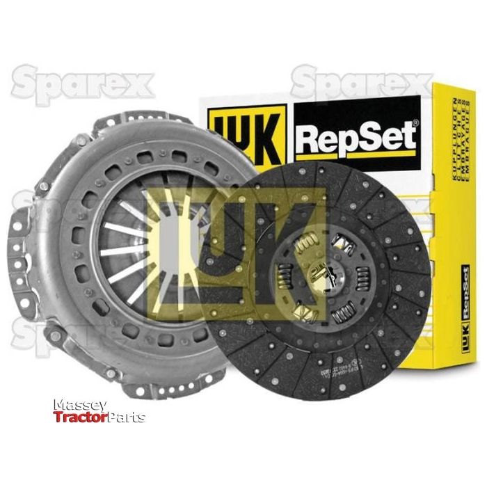 Image of a Clutch Kit without Bearings - S.147111 by Sparex, featuring a single cover with a 330mm pressure plate and clutch disc, next to its yellow and white packaging box. The words "Massey Tractor Parts" and "Sparex" are also visible.