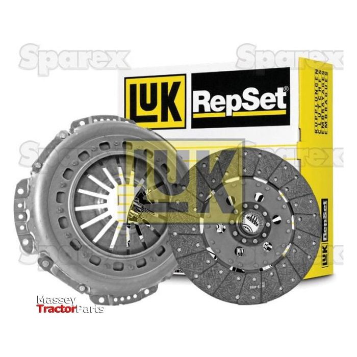 A Sparex Clutch Kit without Bearings (S.147112) featuring a pressed steel pressure plate and cover, along with a loose disc spline, positioned in front of its yellow and black packaging box.