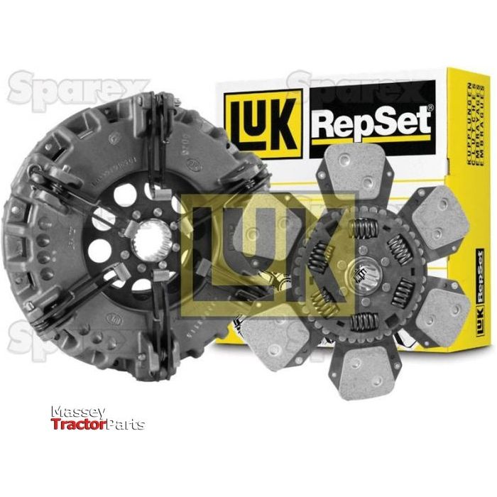 Image of a Sparex Clutch Kit without Bearings (S.147133) with two clutch components, including a cerametallic disc, displayed in front of a yellow and blue Sparex branded box. The components feature intricate metal and torsion sprung designs.