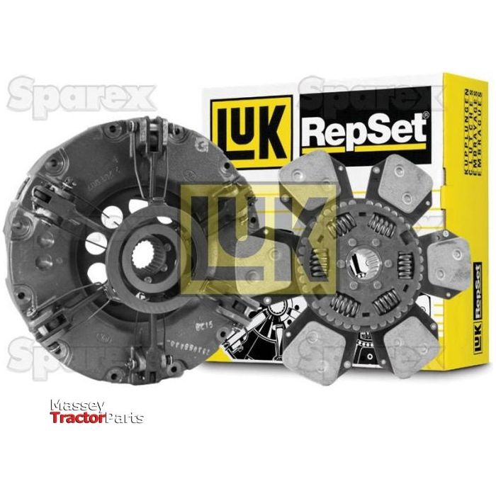 Image of a Sparex Clutch Kit without Bearings - S.147135 for tractors, featuring the clutch disc and pressure plate in front of a yellow Luk branded box. The dual cover design ensures durability and reliability for heavy-duty use.