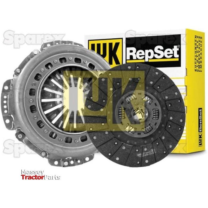 A clutch kit for a vehicle, the S.147139 from Sparex, featuring a metallic pressure plate and a torsion sprung friction disc, with a yellow Luk RepSet box in the background.