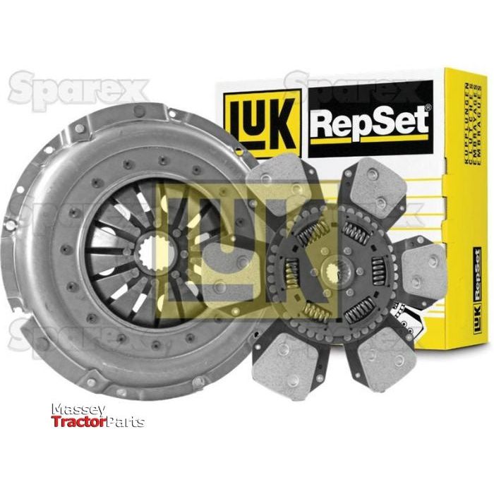 Image showing a Sparex Clutch Kit without Bearings - S.147148, consisting of a pressure plate, torsion sprung clutch disc, and yellow branded packaging box in the background. The text "Massey Tractor Parts" appears in the bottom left.