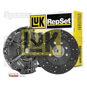 A Clutch Kit without Bearings (S.147158) from the brand Sparex is displayed, featuring a pressure plate and a friction disc, with packaging labeled "LUK RepSet". The background includes a logo for Massey Tractor Parts. This versatile kit also includes a Cerametallic Captive Disc suitable for John Deere 3300 tractors.