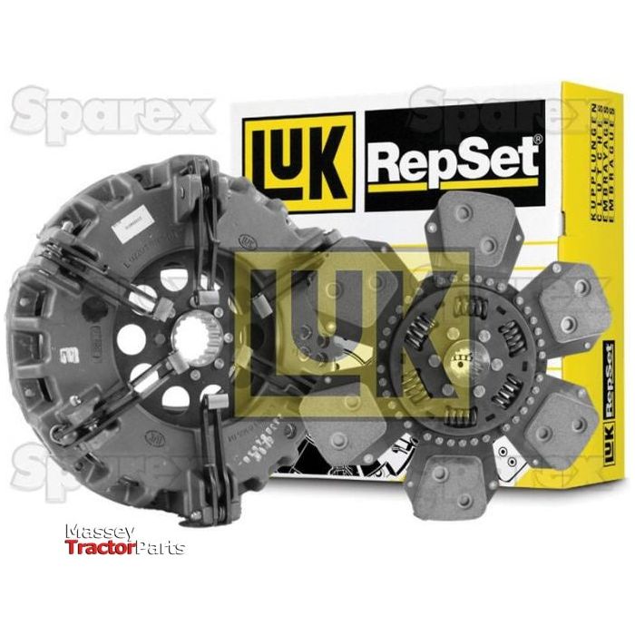 Image of a Sparex Clutch Kit without Bearings - S.147167 for tractors, featuring a pressure plate and cerametallic friction disc, with yellow and white packaging in the background.
