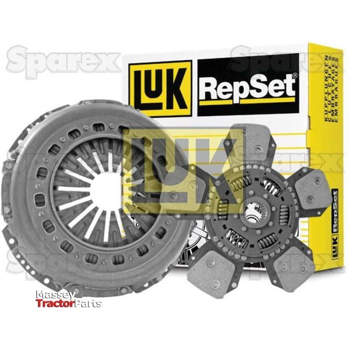Sparex Clutch Kit without Bearings - S.147171 with cerametallic clutch disc and pressure plate showcased in front of the product's packaging box.