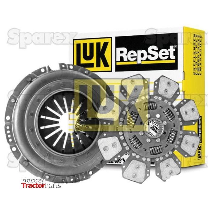 Sparex S.147214 clutch kit without bearings, featuring a pressure plate and clutch disc crafted with superior cerametallic material, displayed in front of product packaging.