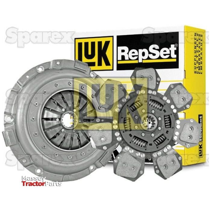 A Sparex Clutch Kit without Bearings - S.147215, featuring a Torsion Sprung pressure plate and LUK Cover clutch disc, displayed in front of the distinctive yellow and black branded packaging.