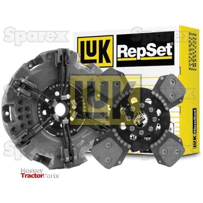 Image of a LUK RepSet clutch kit featuring a pressure plate and a clutch disc, all neatly placed in front of a branded yellow and black box. The word "Sparex" is visible in the background, emphasizing the quality with its cast iron housing and cover size: 330mm.