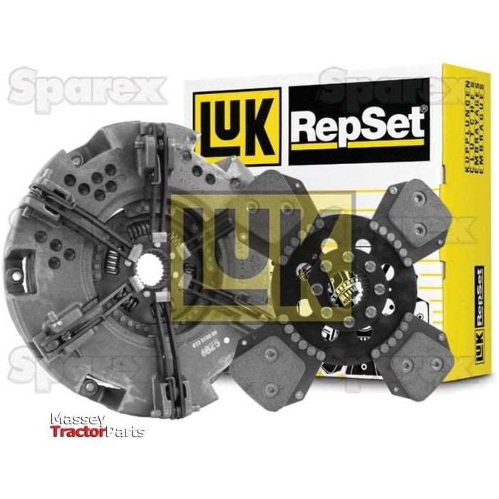 Image of an automotive clutch kit by Sparex, featuring a cerametallic clutch disc and pressure plate. The box labeled "Clutch Kit without Bearings - S.147231" is positioned behind the components.