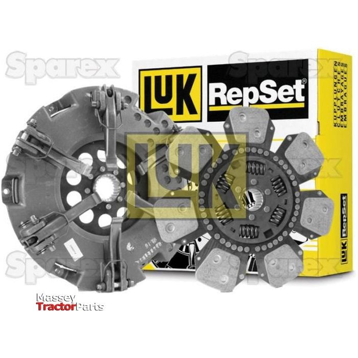 A clutch kit product named "Clutch Kit without Bearings - S.147301" from the brand Sparex, with a two-component design featuring a Cerametallic Captive Disc, displayed in front of a yellow and black Luk RepSet branded box.