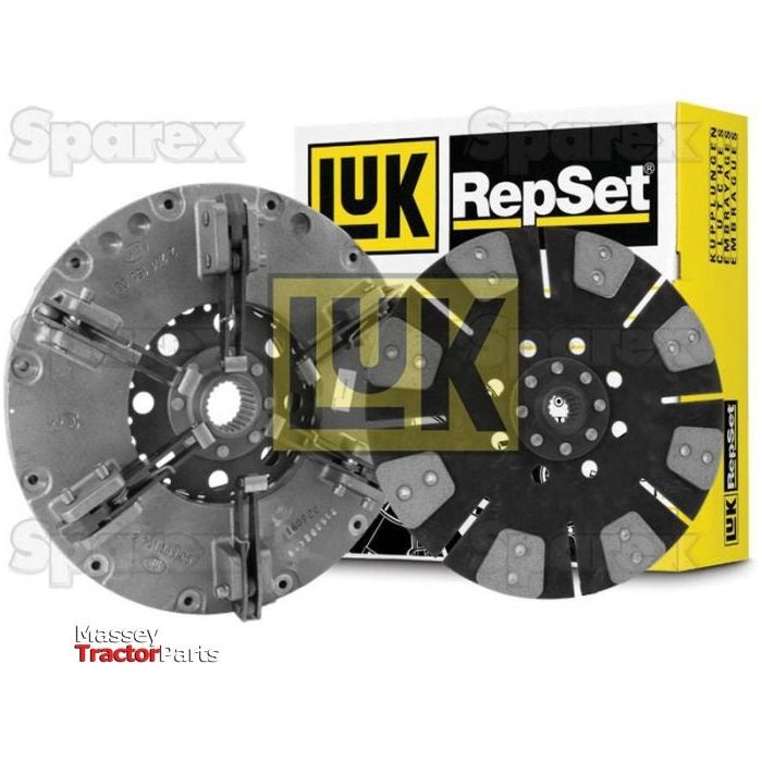 A Sparex Clutch Kit without Bearings (Model S.147312) with a Cerametallic clutch disc prominently displayed in front of the yellow and black product packaging box, showcasing branding and part numbers.