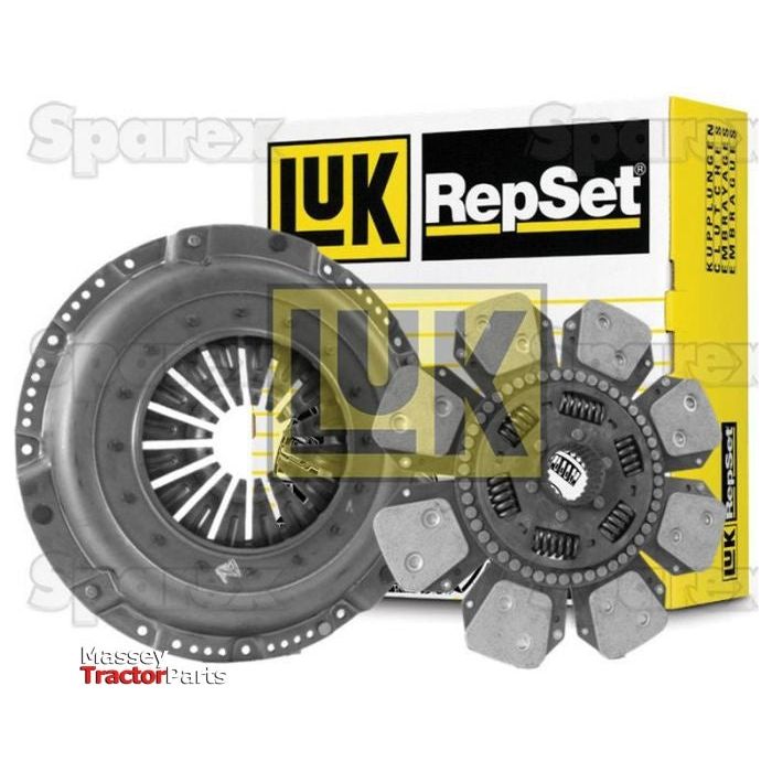 An image of a Sparex Clutch Kit without Bearings - S.147327 featuring the pressure plate and cerametallic loose disc, positioned in front of a branded yellow and black RepSet box.