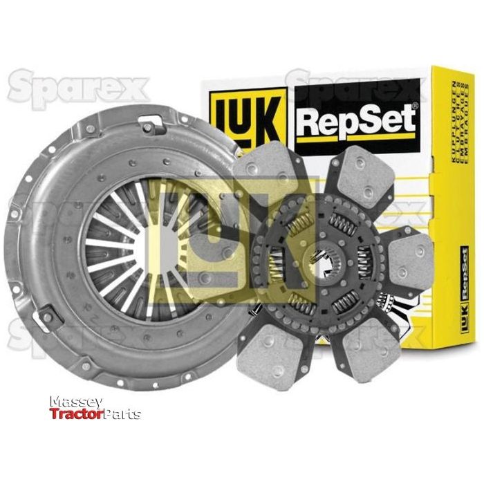 Image showing a Sparex Clutch Kit without Bearings - S.147333, featuring a single cover clutch pressure plate and a Cerametallic Loose Disc, with the packaging box displayed in the background.