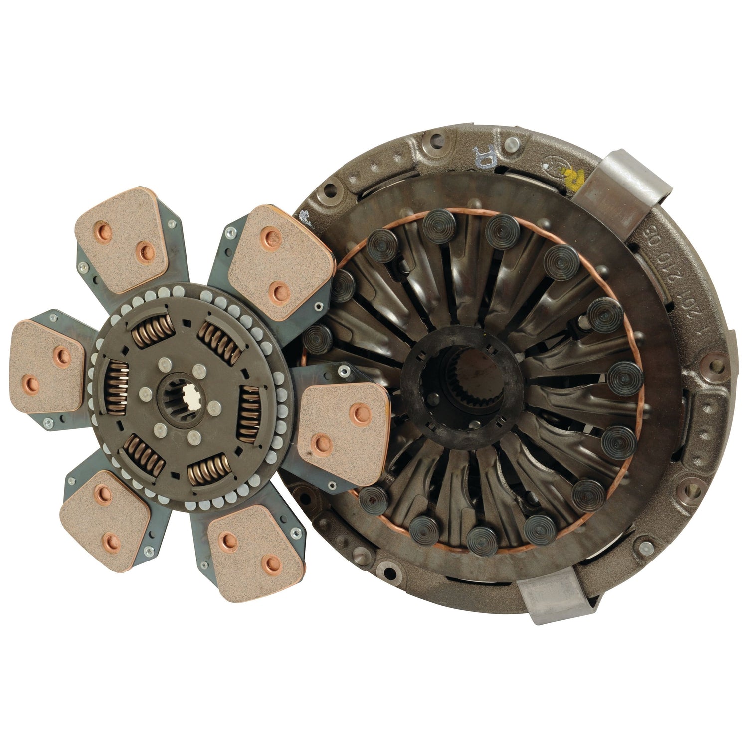 Image of the **Sparex Clutch Kit without Bearings - S.72825**, featuring a cerametallic captive disc and pressure plate, shown detached and positioned side by side against a white background.