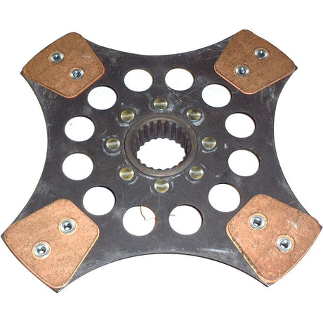 Introducing the Sparex Clutch Plate - S.145623: This 280mm metal disc, designed for Case IH International Harvester, features a central spline hole, four copper pads at the corners, multiple round holes, and a durable cerametallic lining.